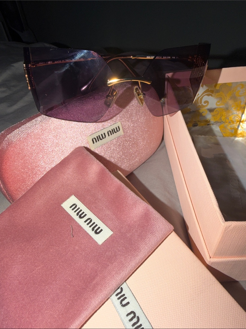 Miu Miu Purple Rimless Shield Sunglasses with Gold Logo Accent - Picture 6 of 7